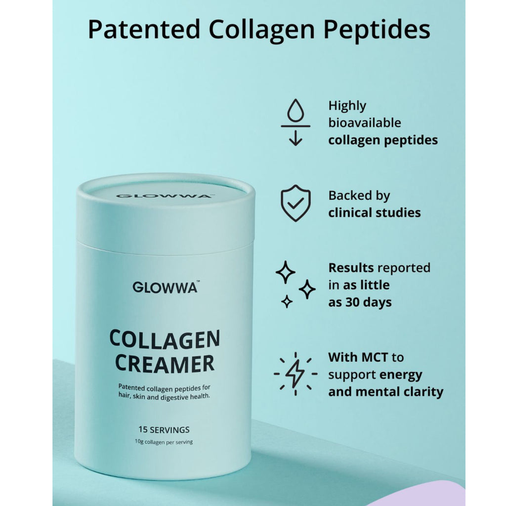 GLOWWA Collagen Creamer container with product features on a light blue background