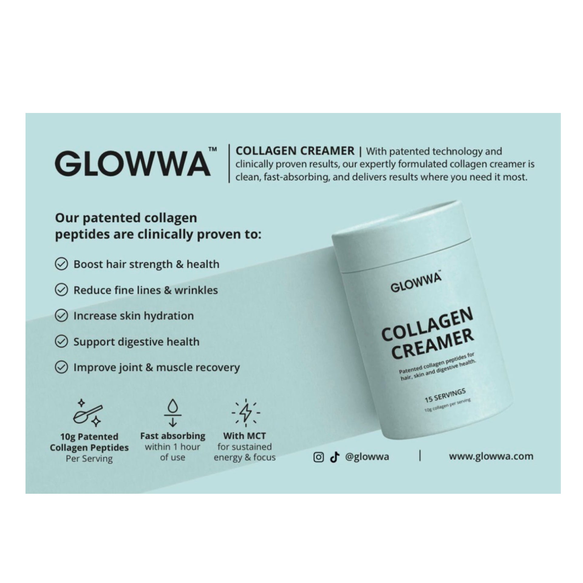 GLOWWA Collagen Creamer packaging with product details on a light blue background