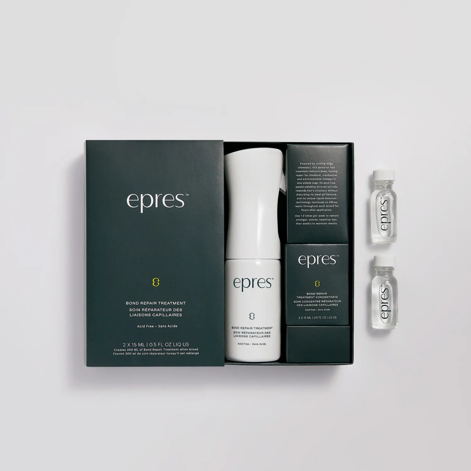 Epres skincare product set with cream, serum, and boxes on a light gray background