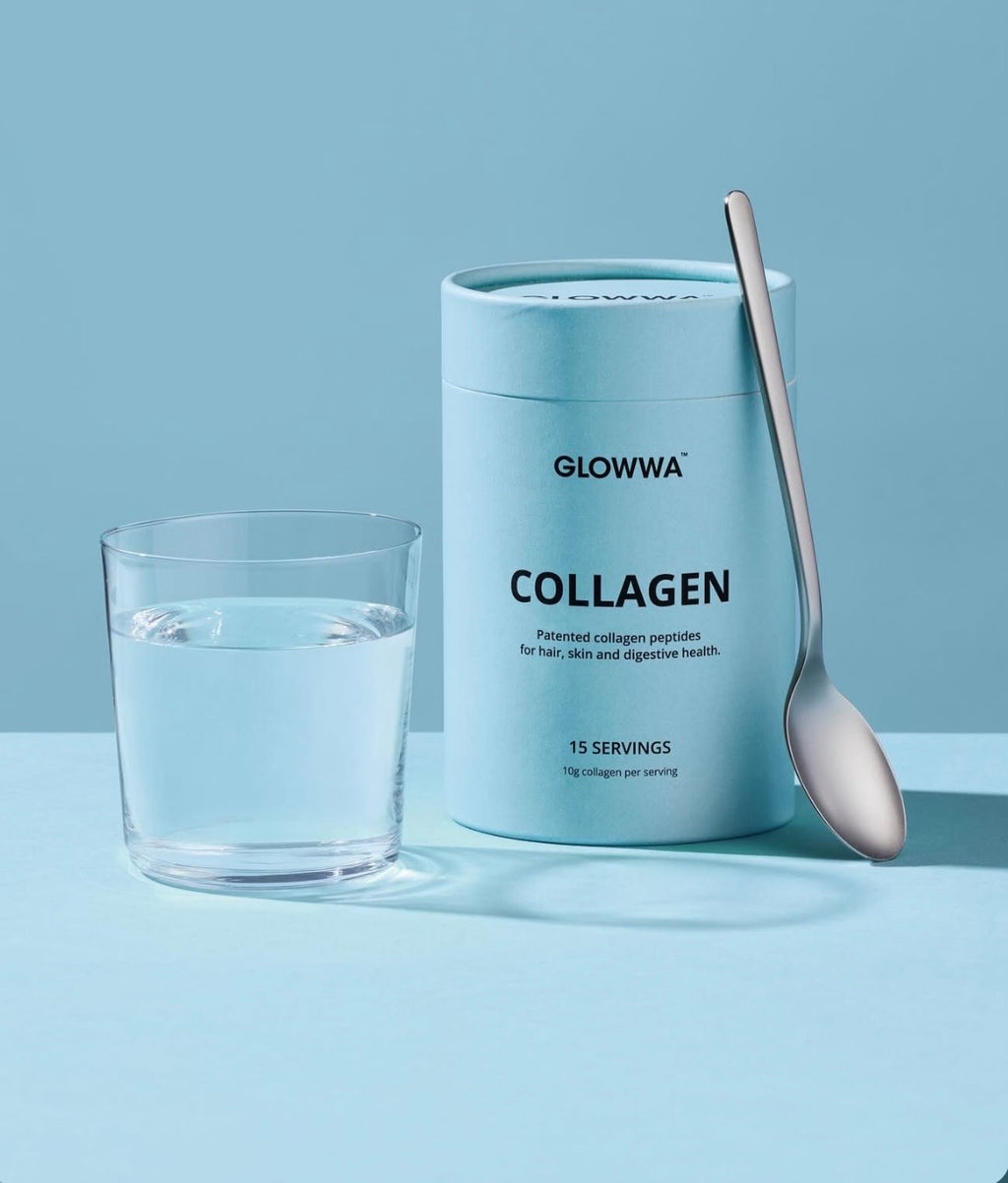Blue Glowwa collagen tub with a glass of clear liquid and a spoon 