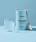 Blue Glowwa collagen tub with a glass of clear liquid and a spoon 