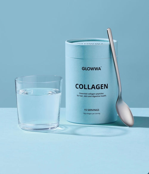 Blue Glowwa collagen tub with a glass of clear liquid and a spoon 
