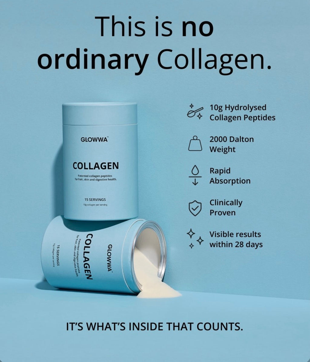 GLOWWA collagen powder container with text on a blue background