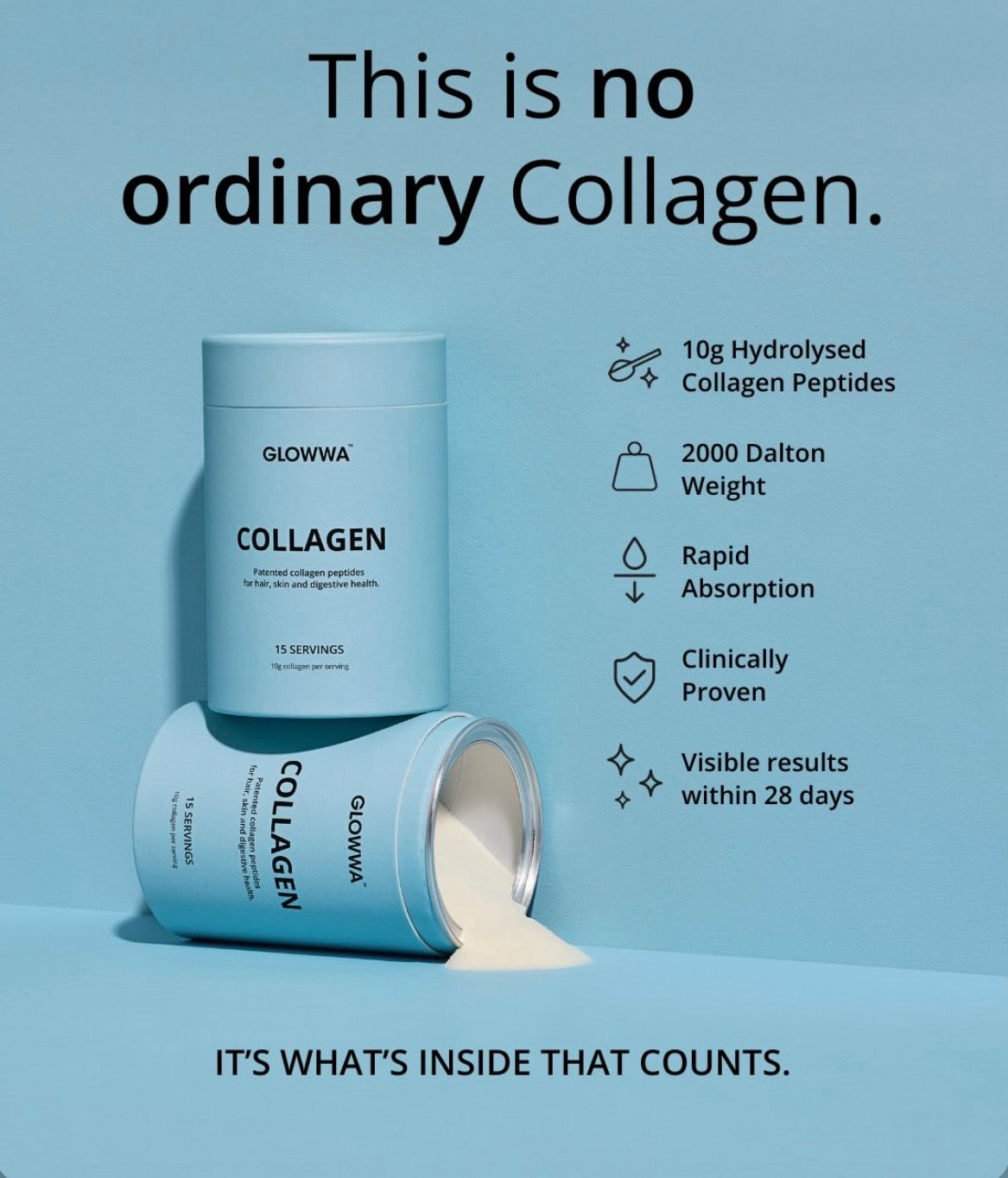 GLOWWA collagen powder container with text on a blue background