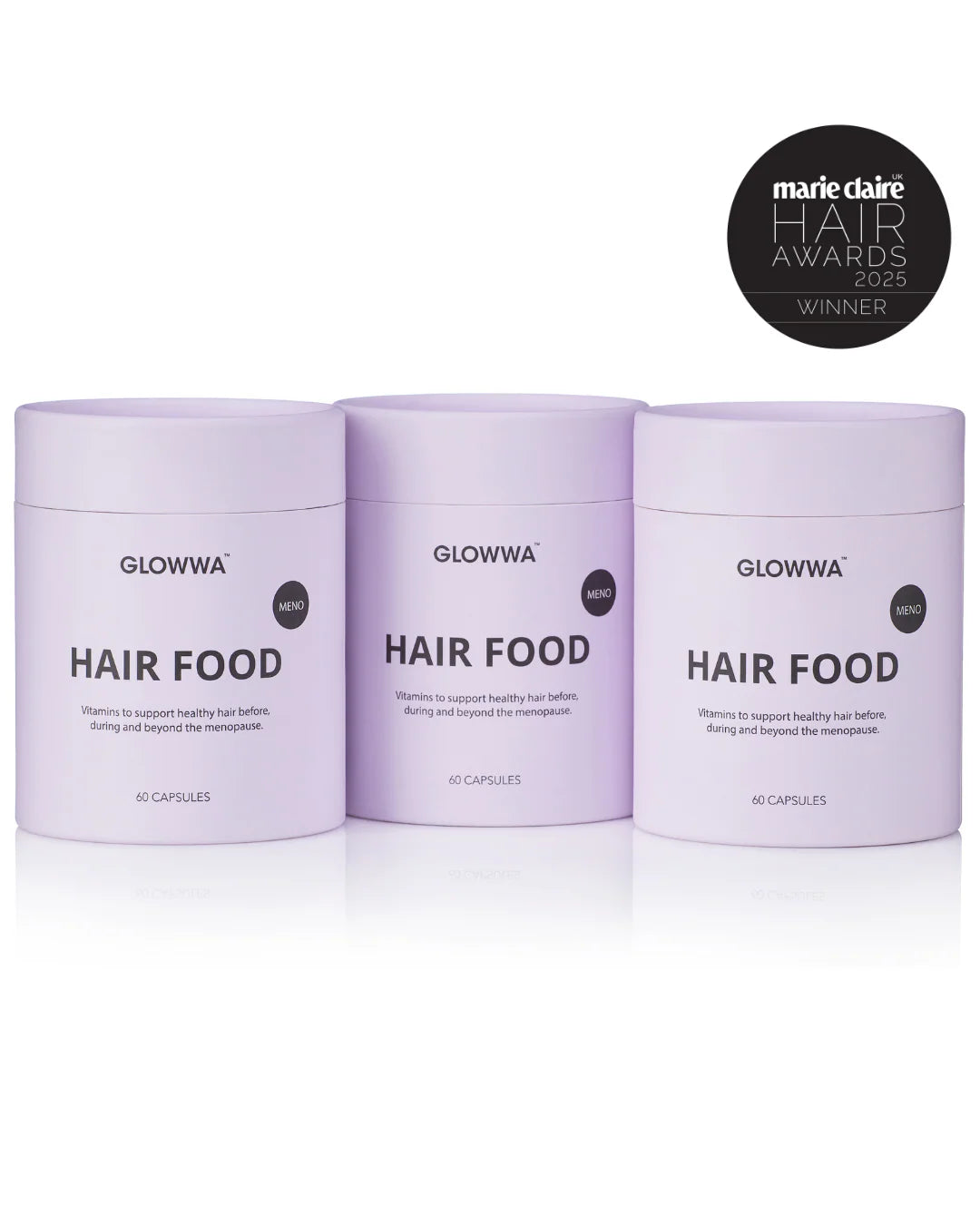 Three containers of Glowwa Hair Food with a Marie Claire Award badge on a white background
