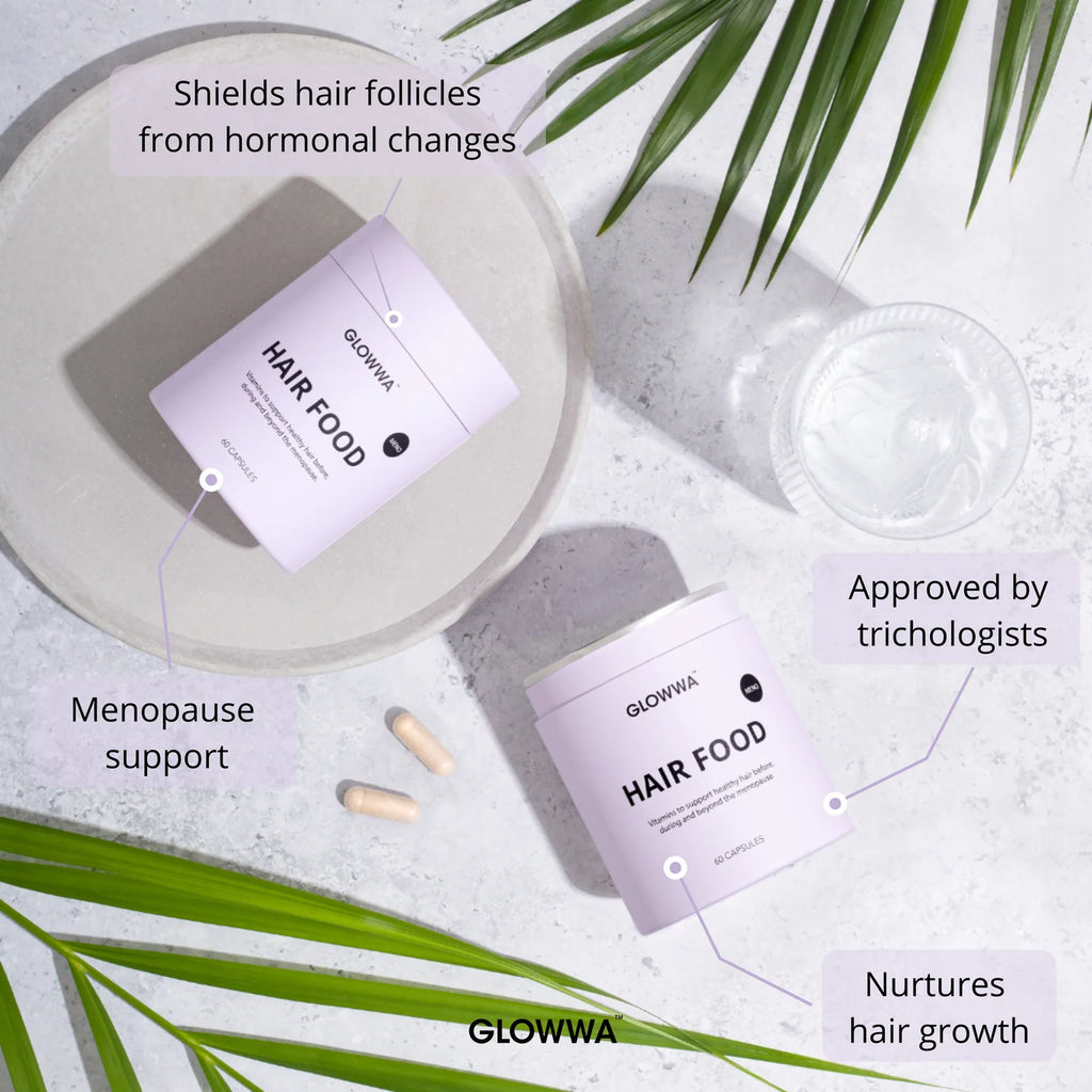 GLOWWA Hair Food product with text highlighting benefits on a light background with green leaves.