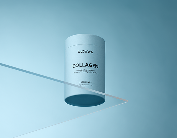 GLOWWA collagen supplement container on a blue gradient background