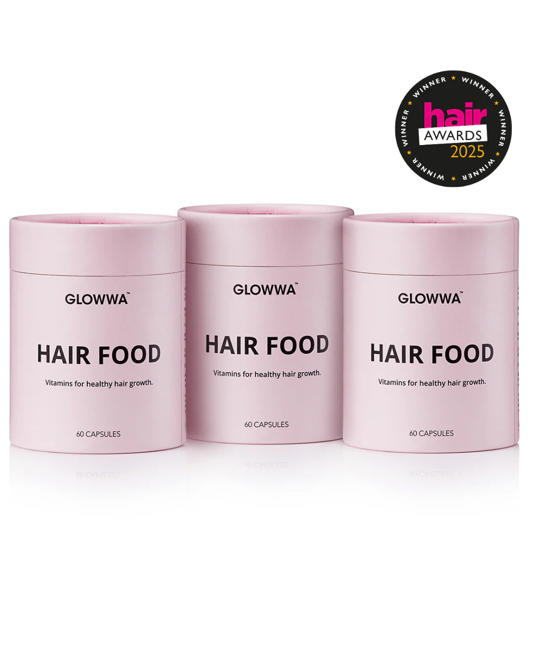 Three containers of GLOWWA Hair Food on a white background with a hair awards badge.