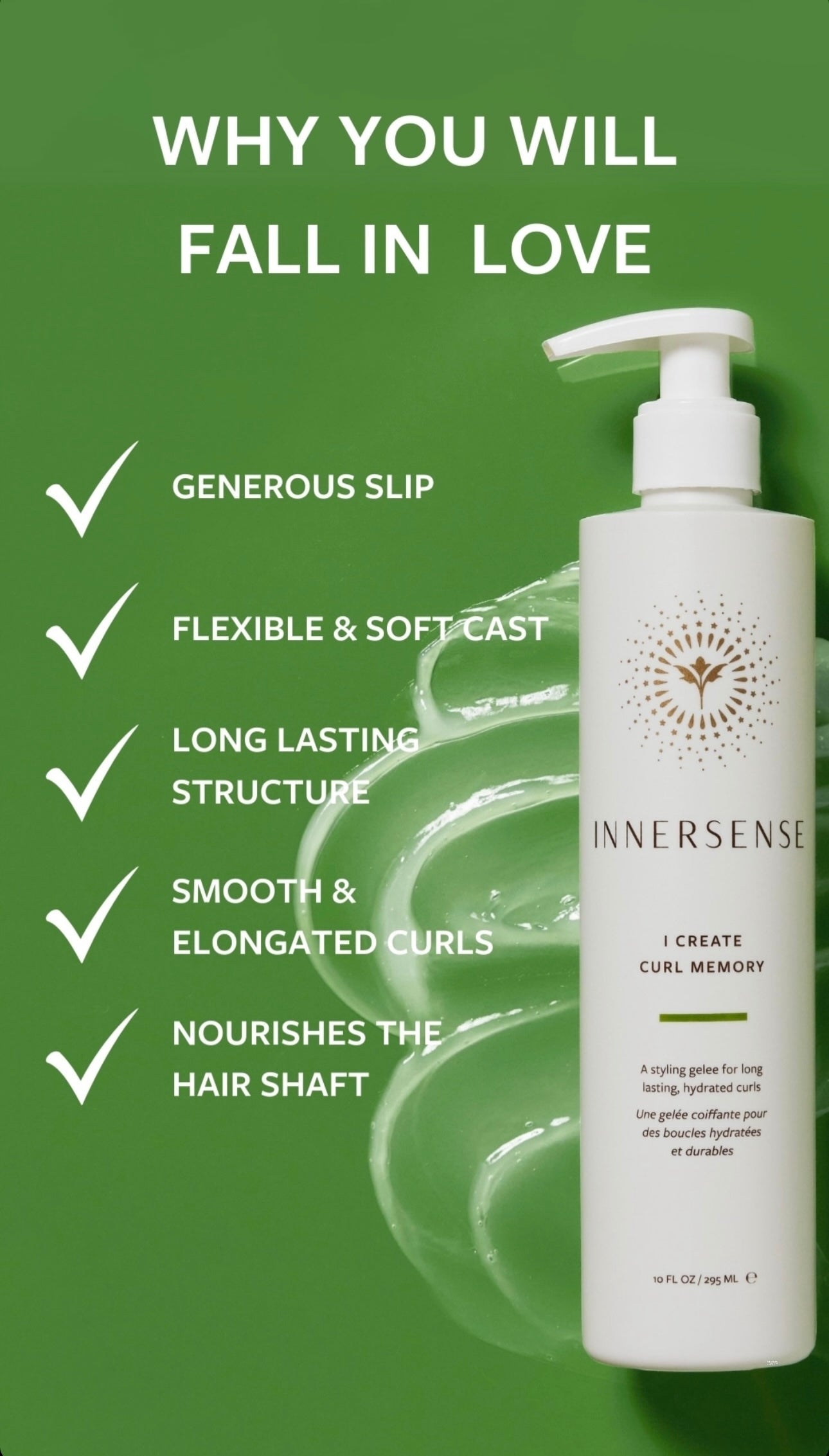 Innersense hair care product with green background and text listing benefits