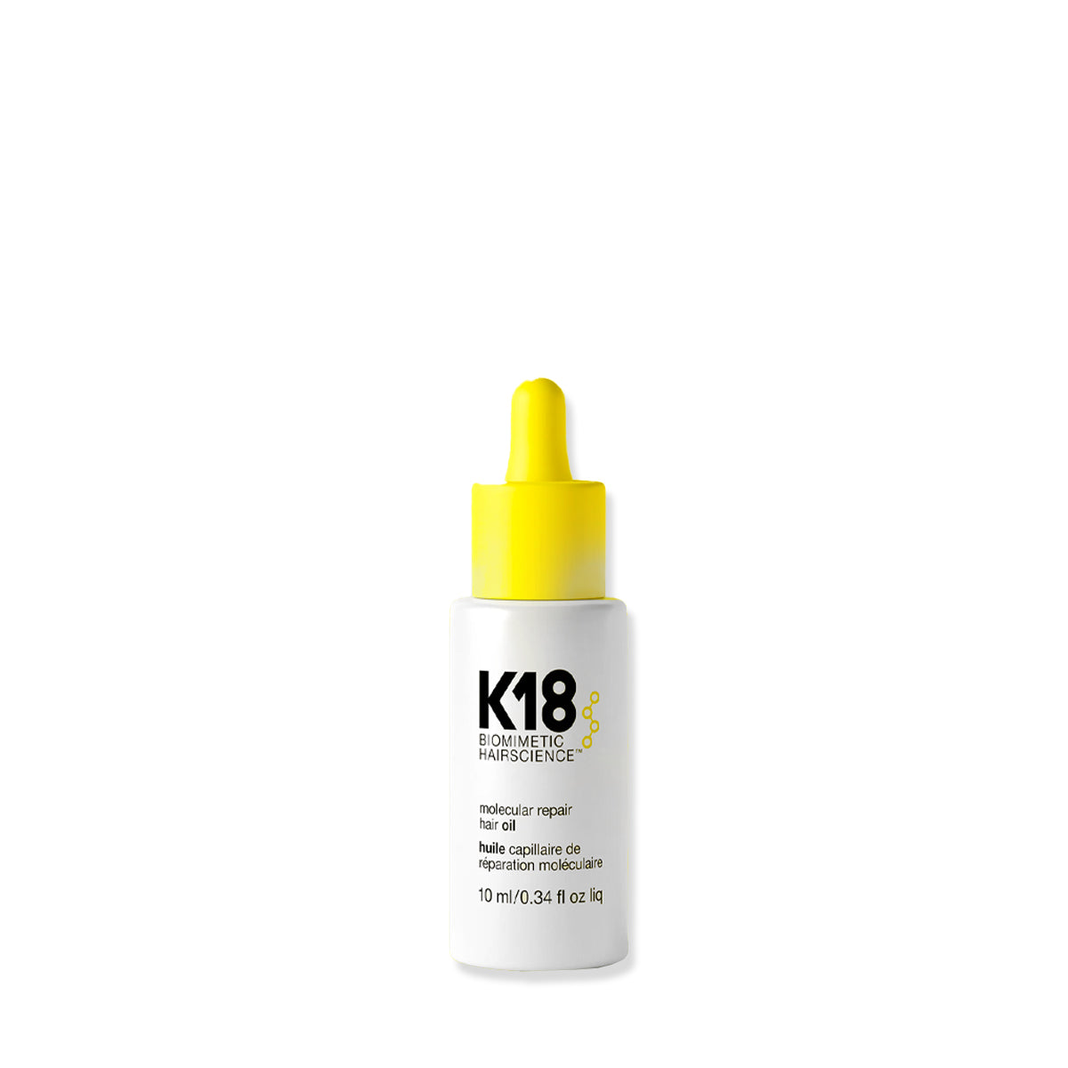 K18 hair oil dropper bottle with yellow cap on a white background