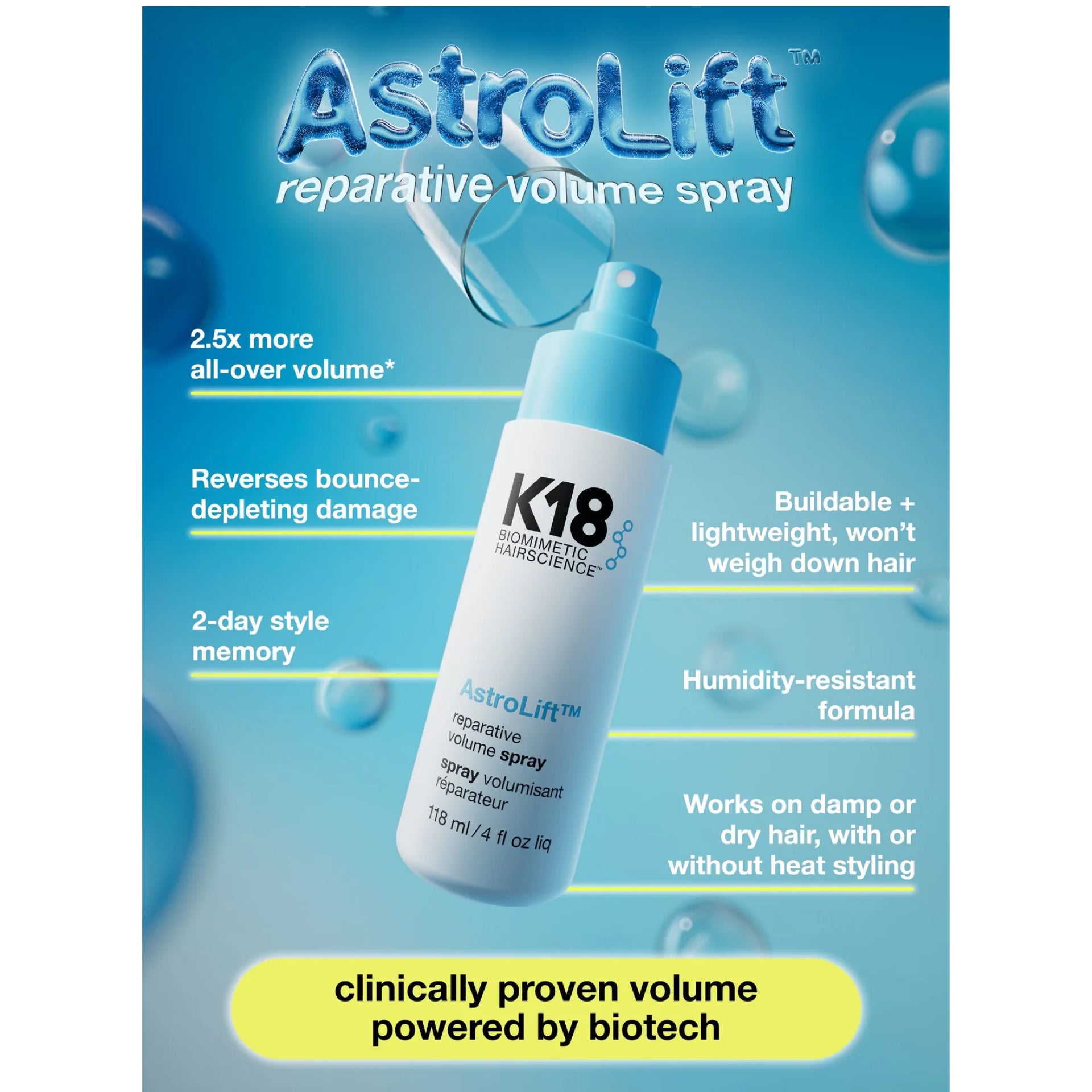 AstroLift reparative volume spray bottle with product features on a blue background