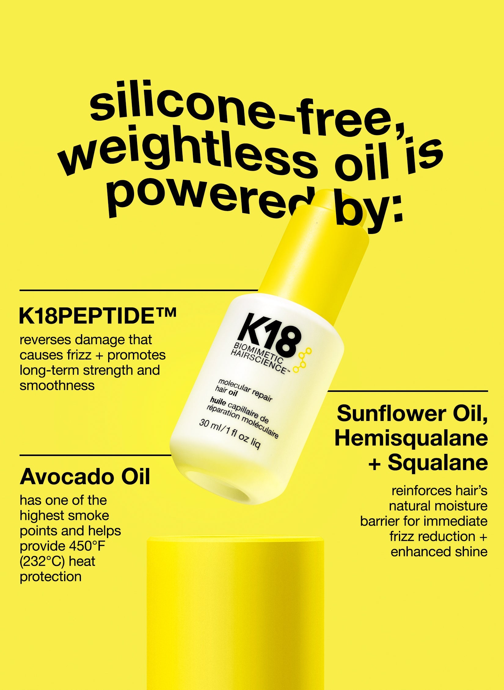 K18 hair oil bottle on a yellow background with text about ingredients and benefits.